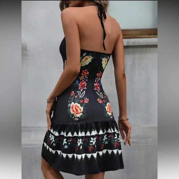 SHEIN Floral Print Tie Backless Ruffle Hem Halter Dress - Picture 2 of 7